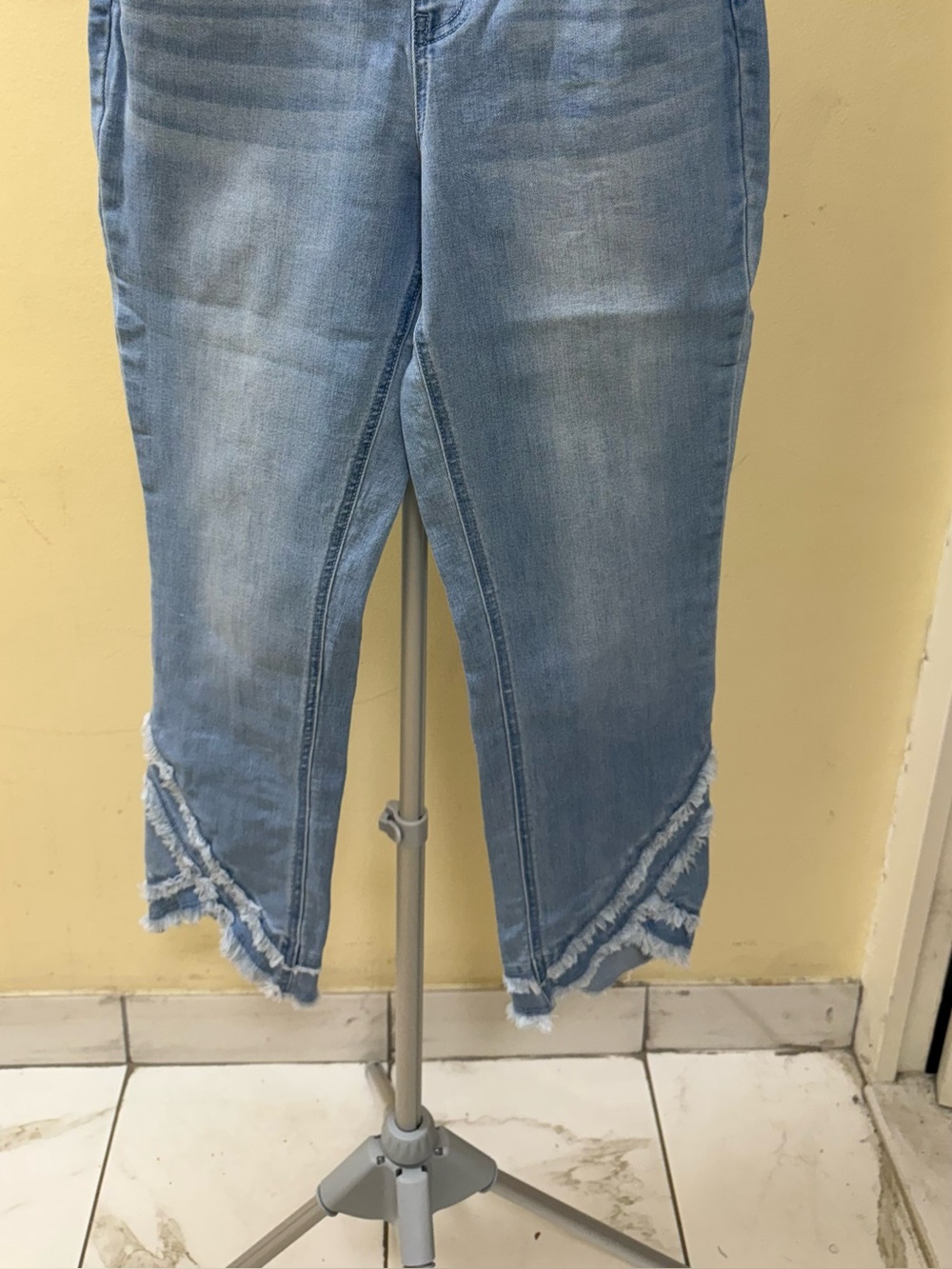 Susan Graver Light Wash Cropped Jeans with Frayed Chevron Hem